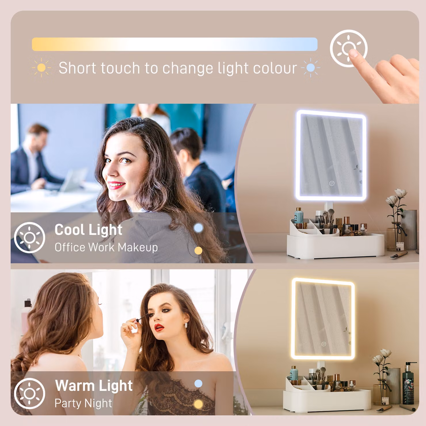 HOMCOM Rechargeable White LED Makeup Mirror with Touch Screen and Dimmable Lighting Modes – 3