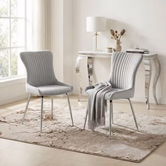 FurnitureboxUK Set of 2 Nora Deep Padded Luxurious Dining Chairs Upholstered in Soft Grey Velvet with Chrome Legs