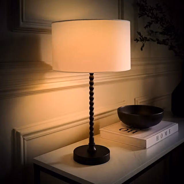 ValueLights Maeve Black Bobble Table Lamp with White Fabric Drum Shade and LED Bulb
