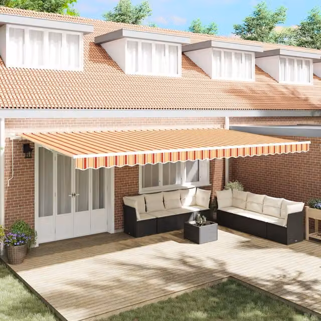Berkfield Home Manual Retractable Striped Awning in Yellow, Orange and White, W: 600 cm, D: 300 cm – 1