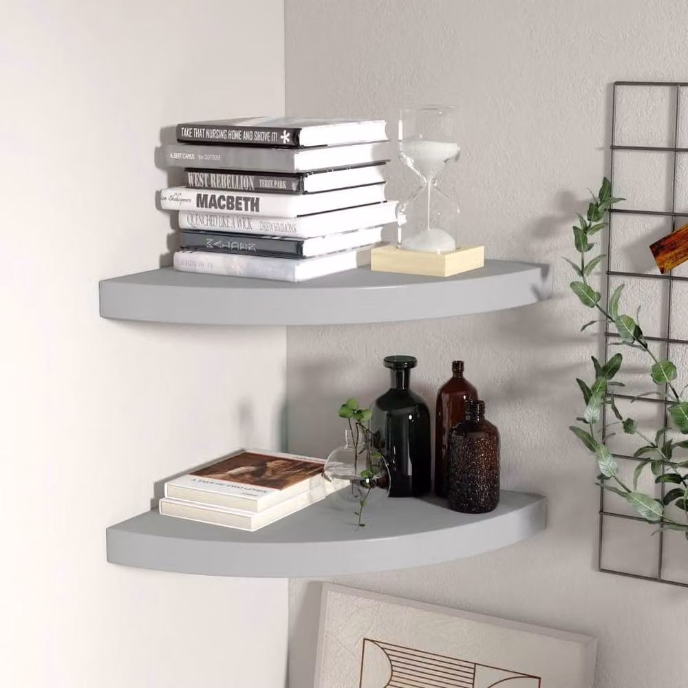 Berkfield Home Set of 2 Grey Floating Corner Shelves, W/D/H: 35 x 35 x 3.8 cm – 2