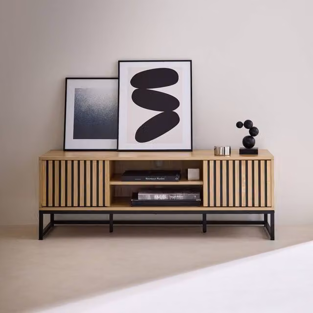 Sweek Modern Grooved TV Unit with 2 Doors in Light Brown and Black, W/D/H: 120 x 40 x 42 cm