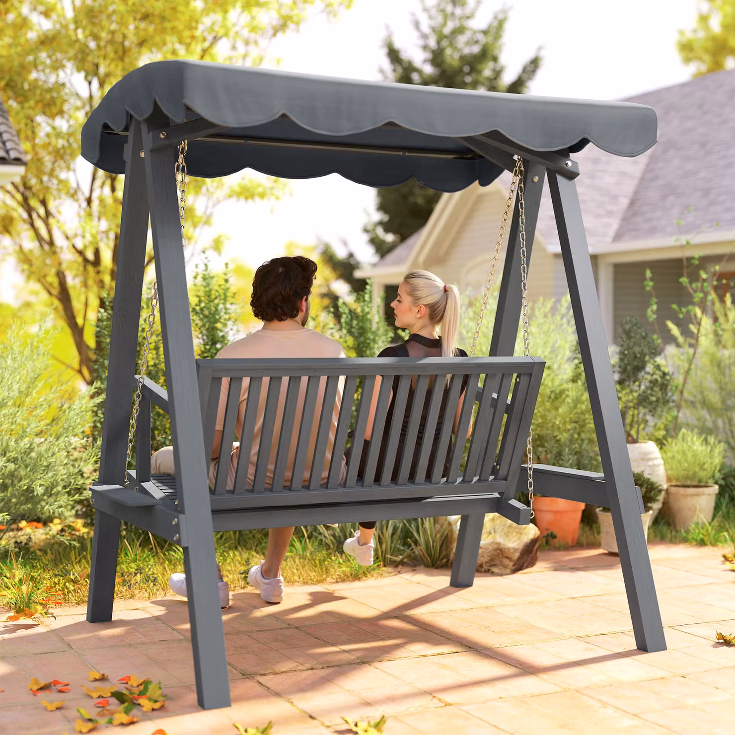 Outsunny 2 Seater Wooden Garden Swing Seat with UV-Resistant Canopy in Grey – 8