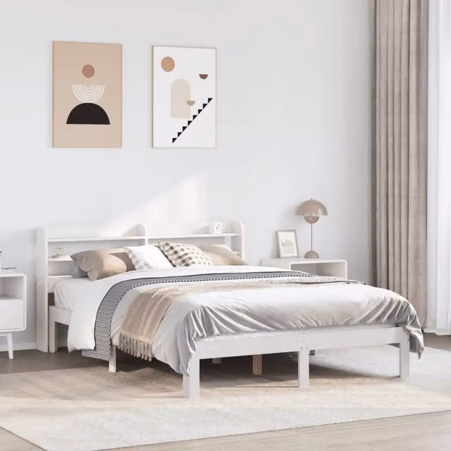 Berkfield Home White Pine Wood Bed Frame with Headboard and Side Compartments, W/D/H: 160 x 200 cm – 1