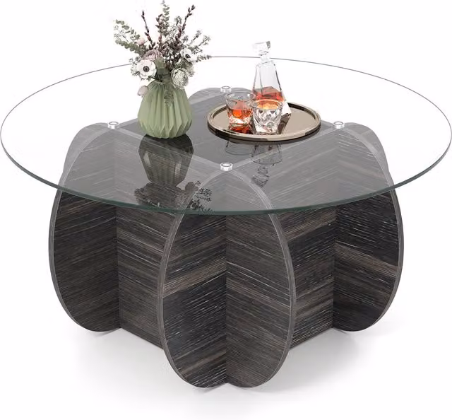 COSTWAY Modern Round Glass and Wood Center Table in Black