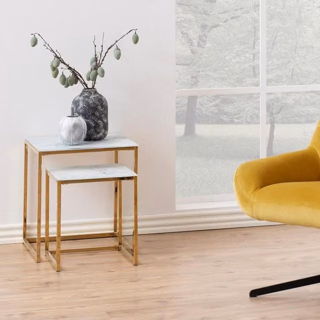FurnitureboxUK Alissa Nest of 2 Square Side Tables with White Glass and Gold Metal Tops