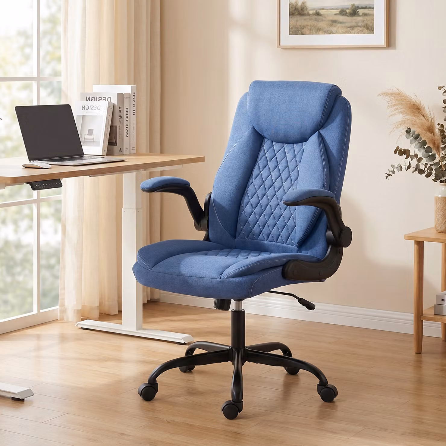 HOMCOM Blue Linen-Look Executive Office Chair with Flip-Up Armrests and Thick Cushion – 8