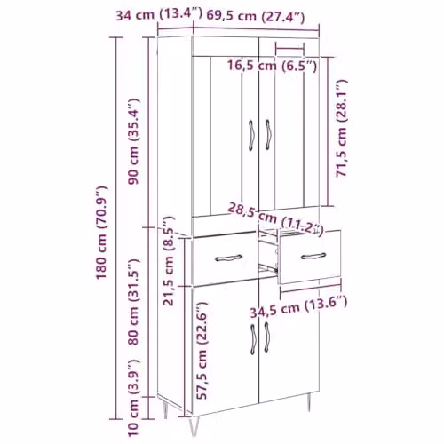 vidaXL Modern Black Oak Highboard with Hinged Doors and Internal Shelves, W/D/H: 69.5 x 34.0 x 90.0 cm – 3