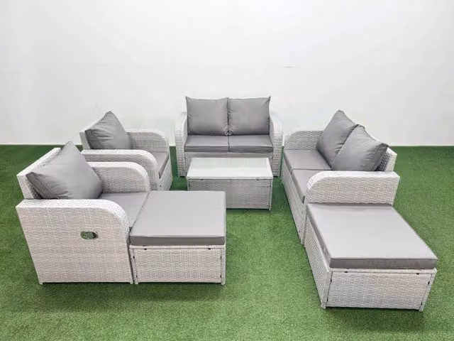Fimous 8 Seater Rattan Garden Furniture Set with Reclining Chairs, Coffee Table and Ottomans in Light Grey