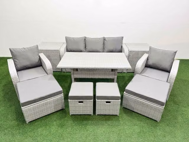 Fimous 9 Seater PE Rattan Lounge Sofa Set with Metal and Glass in Light Grey