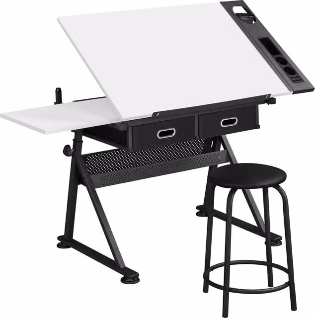 Yaheetech Adjustable Drafting Table with Stool in White with Tilting Top and Height Adjustment