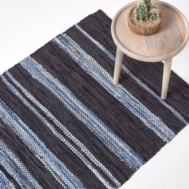 Homescapes Texas Woven Striped Blue Leather and Cotton Rug, Width: 150 cm