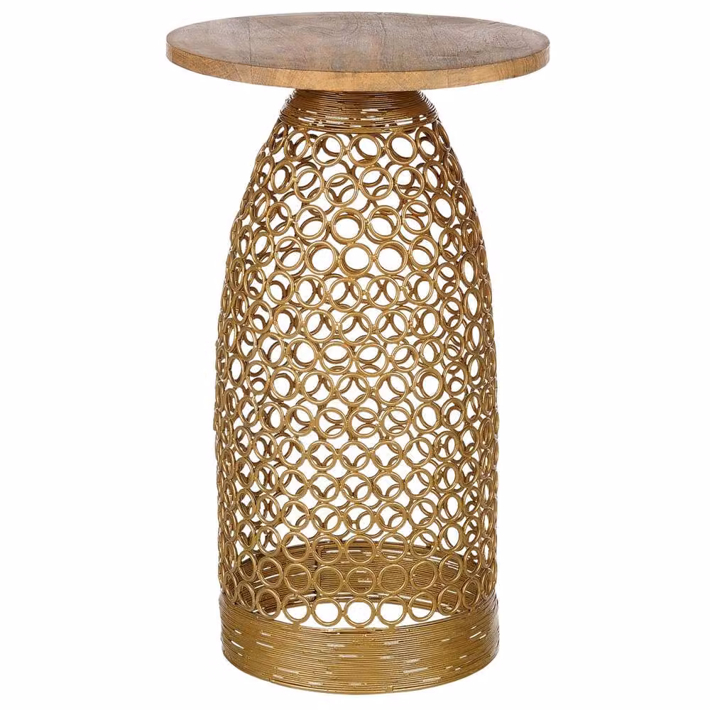 Wyld and Coco Round Mango Wood Side Table with Gold Metal Base, Diameter: 30 cm, Height: 30 cm – 2