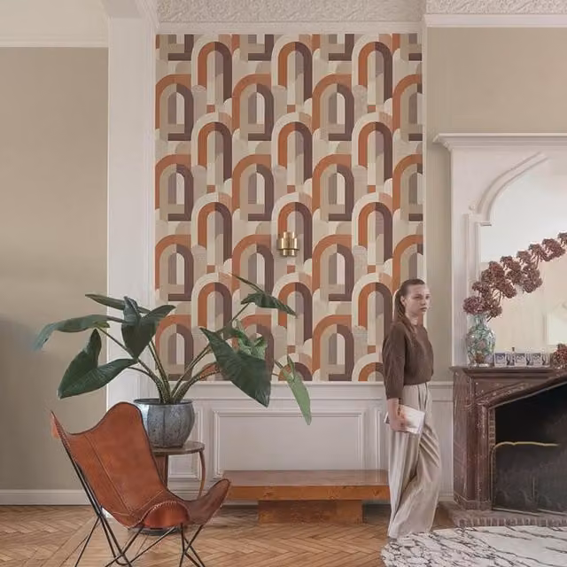 Grandeco Geometric Retro Abstract Wallpaper in Orange, Beige and Purple