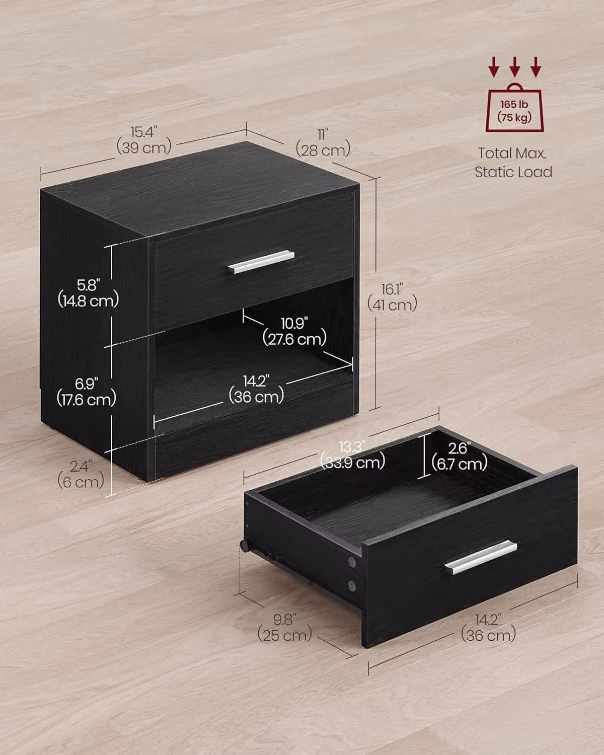 VASAGLE Black Bedside Table with Drawer and Open Compartment – 2