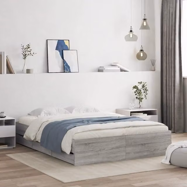 Berkfield Home Modern Bed Frame with Drawers in Grey, W: 140 cm, L: 200 cm – 1
