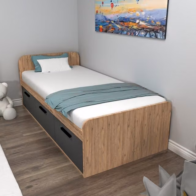 Destina Home Achille Bed Frame in Atlantic Pine and Anthracite, W/D/H: 90 x 190 cm