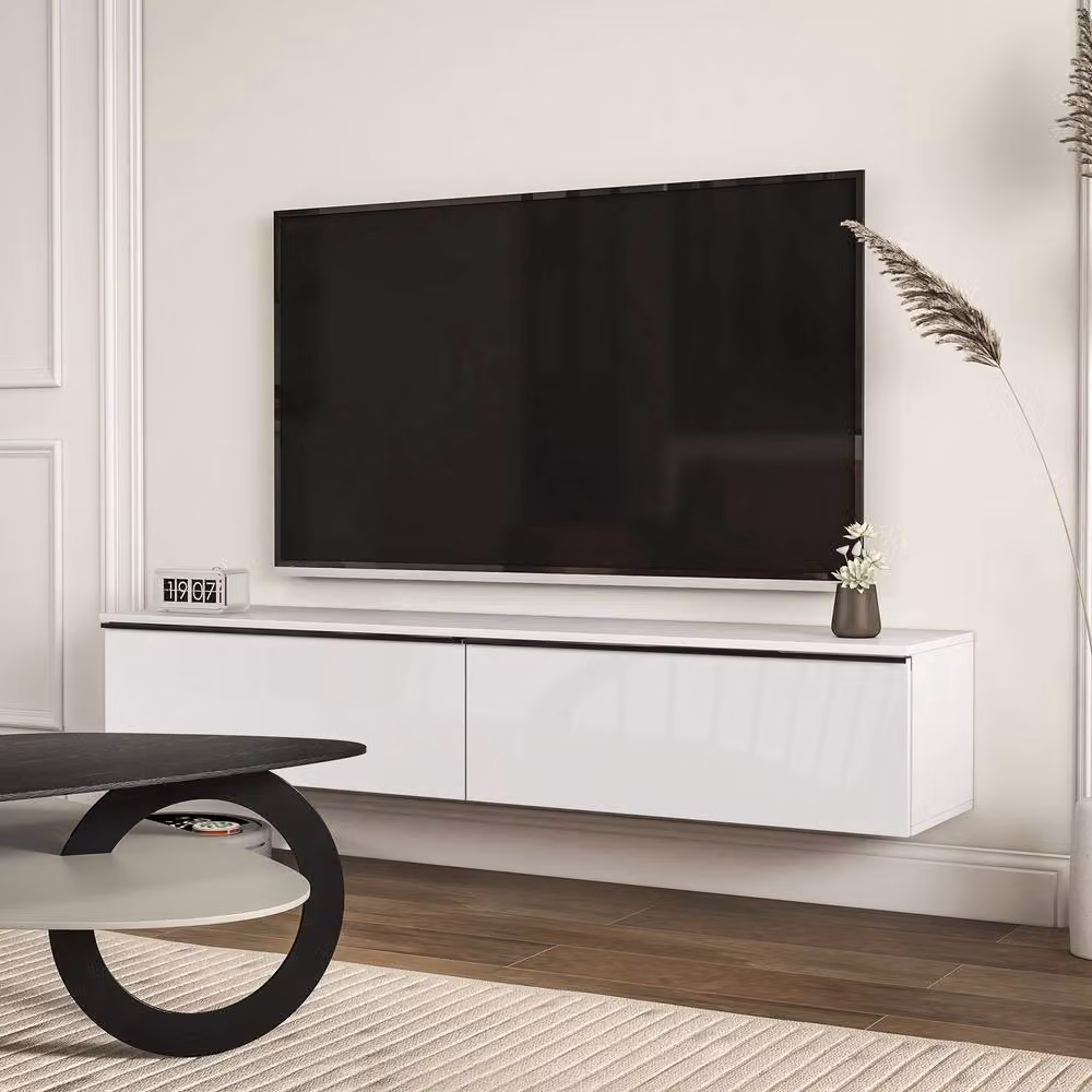 STILVORA Modern Wall-Mounted White Glossy Wood TV Unit with Media Compartments – 3