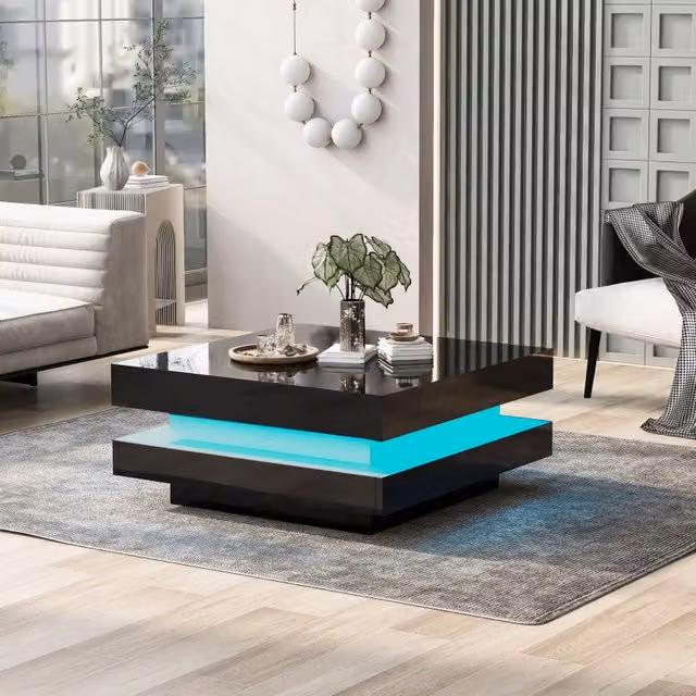 Aosom.UK Black High Gloss Square Coffee Table with Rotating Lift Top and 16-Colour LED Lights, W: 70 cm, D: 70 cm, H: 36 cm
