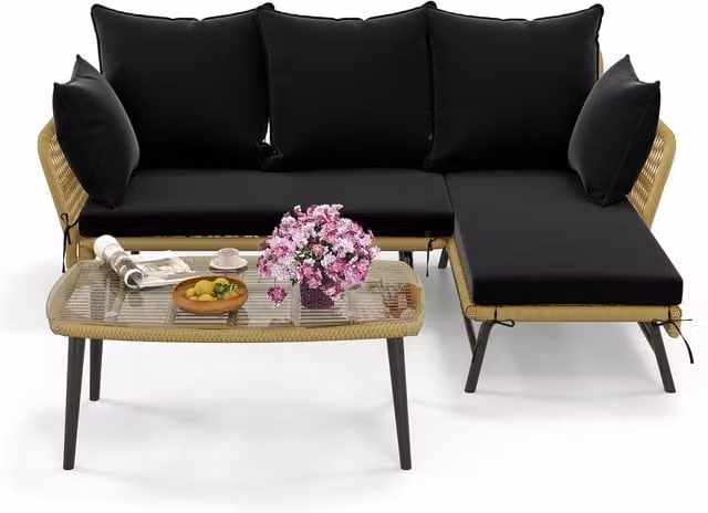 Costway 3 Piece L-Shaped Modern Rattan Patio Sofa Set in Black