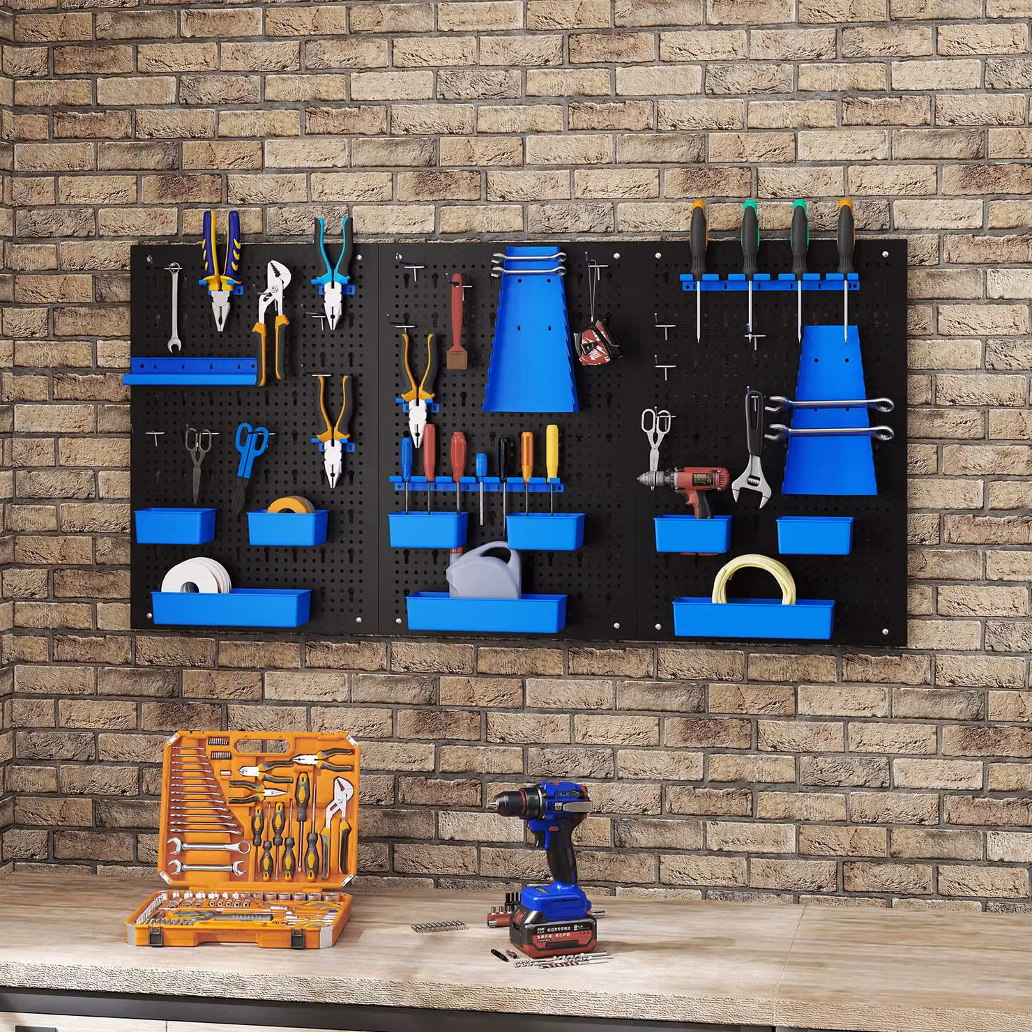 Costway Pegboard Wall Organizer with 9 Bins and Hammer Racks, Blue, W/D/H: 120 x 60 x 35 cm – 4