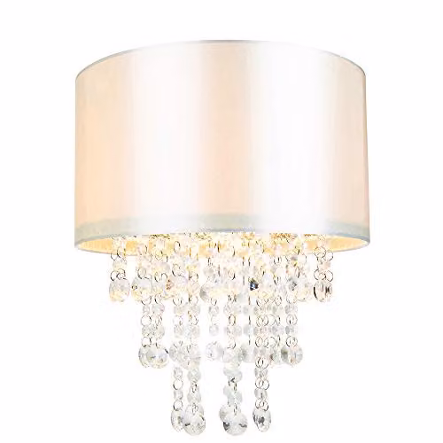 Happy Homewares Modern Round Satin Fabric Pendant Light Shade in Beige with Transparent Acrylic Droplets, Diameter: 30 cm