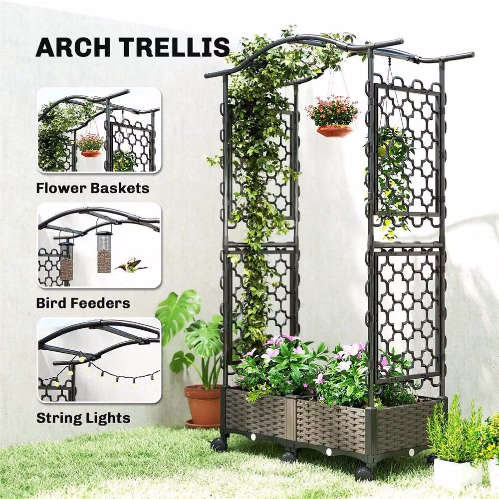 SPETLEK Raised Garden Bed with Arch Trellis on Wheels in Dark Grey, W/D/H: 102 x 40 x 155 cm – 3