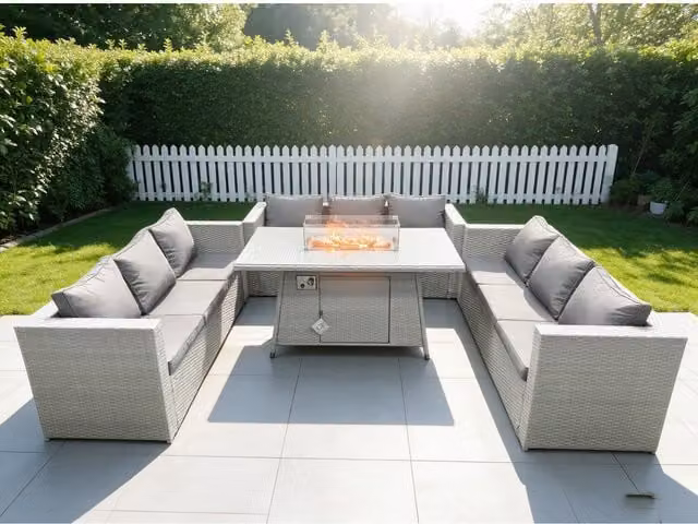 Fimous U Shape Lounge Sofa and Dining Set with Gas Fire Pit Table in Light Grey Polyrattan