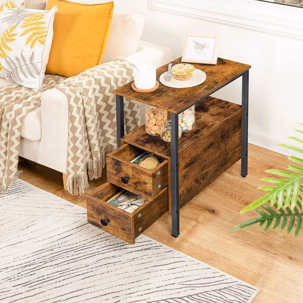 FLAVORA Industrial 2 Drawer Bedside Table and Lamp End Table in Brown with Wood and Glass Details – 3