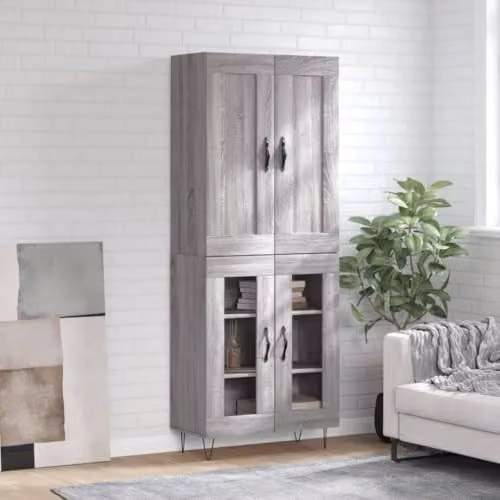 vidaXL Grey Sonoma Highboard with Glass Doors and Internal Shelves, W: 69.5 cm, D: 34 cm, H: 180 cm – 2