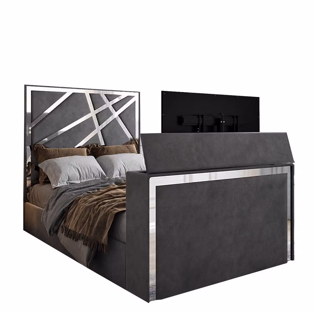 KDMD Askham Upholstered Soft Velvet TV Bed Frame in Grey, W/D/H: 120 x 200 x 152 cm – 2