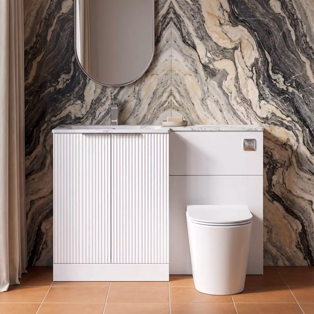 Balterley Tixall 2 Door White Freestanding WC Vanity Unit with Carrera Stone Basin, Width: 110 cm – 2