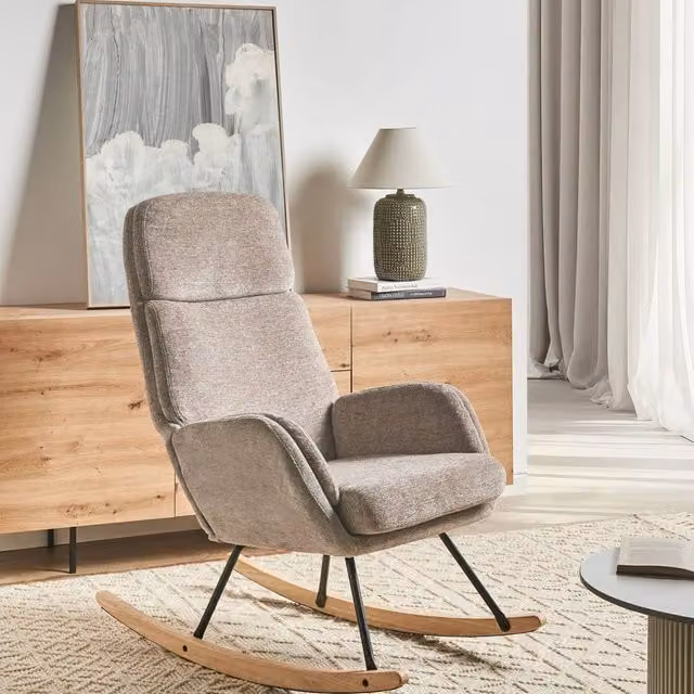 Wyld and Coco Taupe Fabric Rocking Chair with Rubberwood and Metal Frame in Beige
