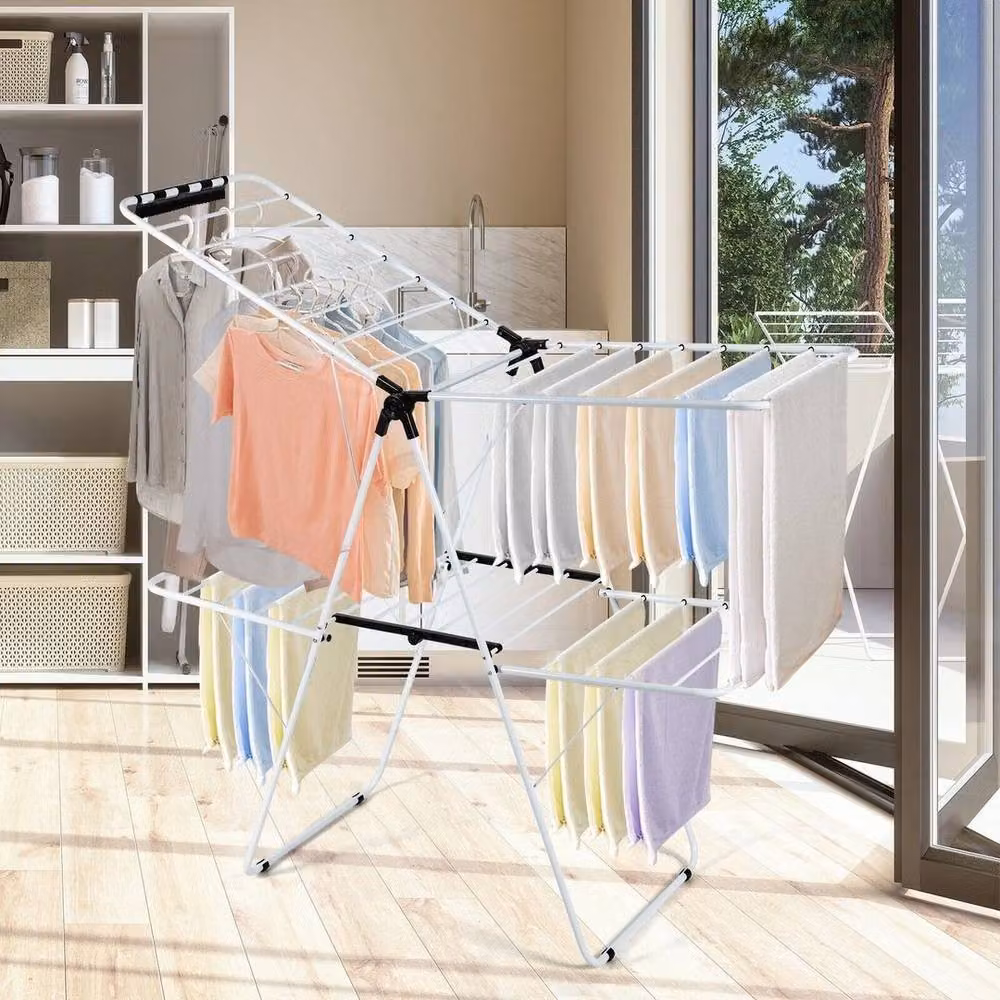SPETLEK Folding 2-Level Height-Adjustable Clothes Drying Rack in White – 2