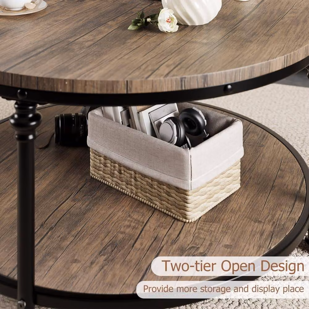 London Boutique 2-Tier Round Wooden Coffee Table in Brown, Diameter: 77 cm – 5