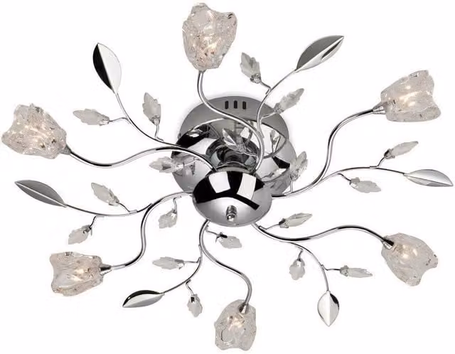 Netlighting Cindy 6 Light Flush Multi Arm Ceiling Light in Chrome and Grey with Clear Glass and G4 Bulbs