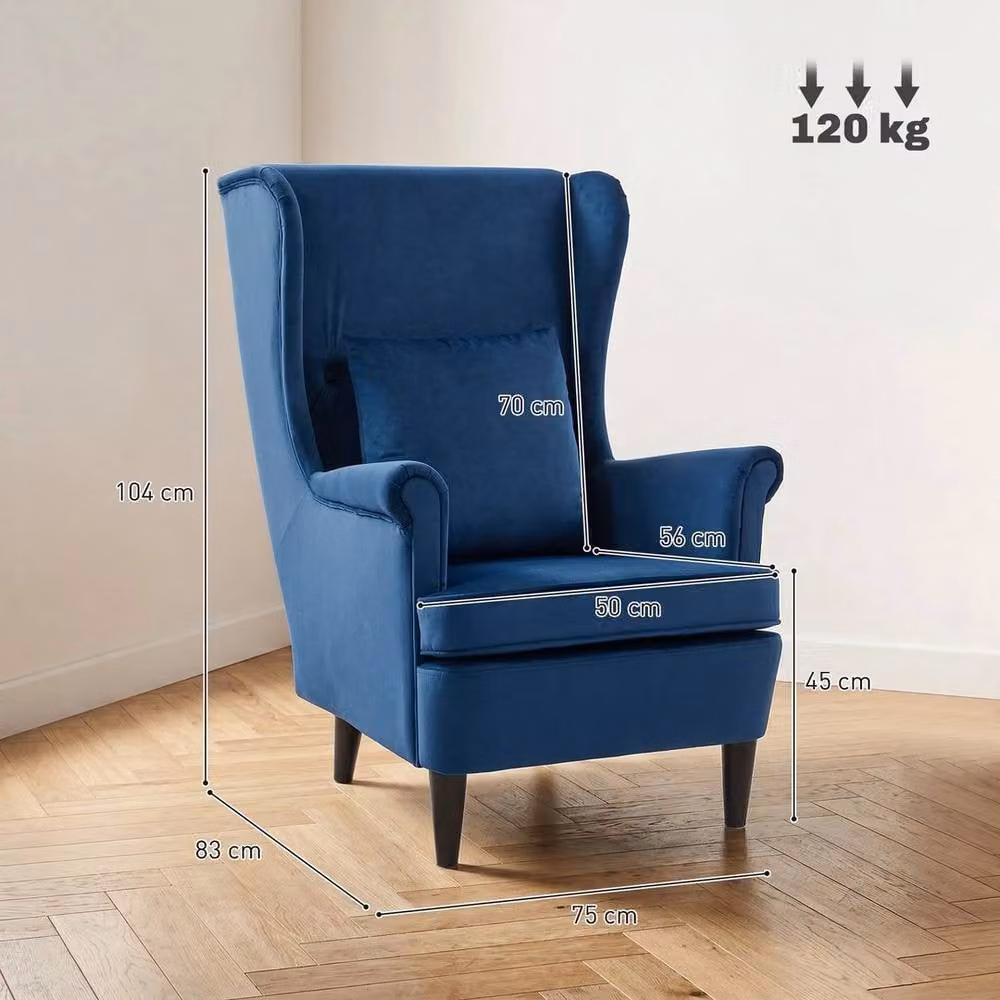 FORGEVIO Modern Blue Velvet Wingback Accent Chair with Armrests, H 83.0 x W 75.0 x D 104.0 cm – 2