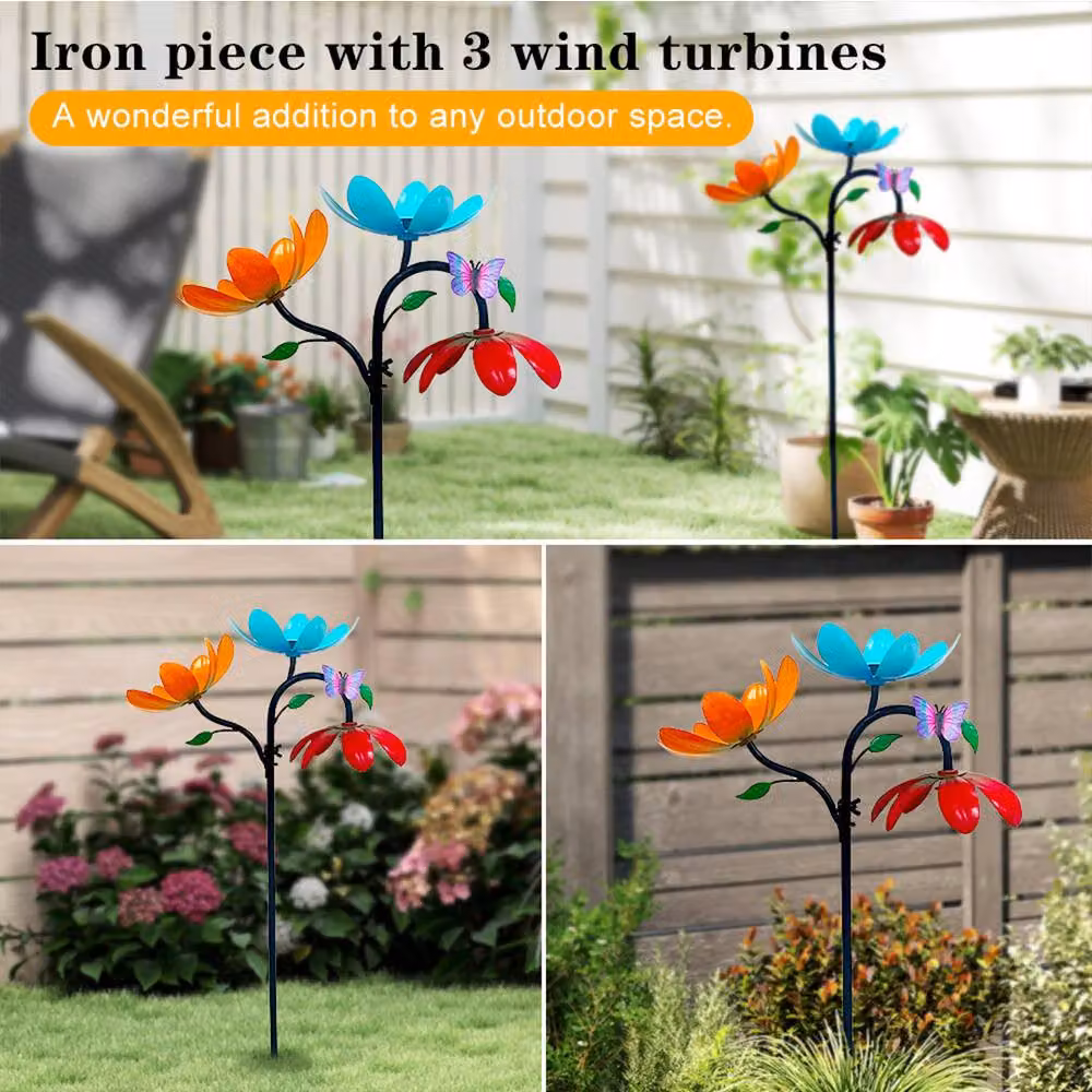 Quipulse Multicolour Floral Metal Wind Spinner Garden Decor Stake – 3