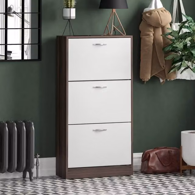 HD Designs Modern White Metal 3 Drawer Shoe Cabinet with Tilting Compartments W/D/H: 118 x 60 x 12 cm