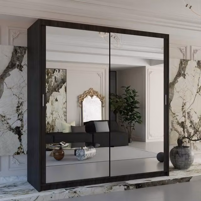 Sliding Wardrobes 4U Double Mirror Sliding Wardrobe with LED Light, Dark Brown, W: 203 cm, H: 217 cm, D: 62 cm