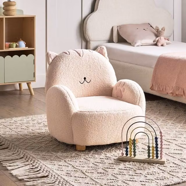 Wyld and Coco Cat Shaped Kids Armchair in Off-White Bouclé with Rubberwood Frame