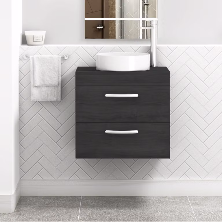 Royal Bathrooms Turin Wall Hung Vanity Unit with 2 Drawers and Countertop Basin, Matt Black, Width: 60 cm