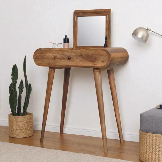 Artisan Furniture Mango Wood Round Dressing Table with Tri-Fold Mirror in Brown – 1
