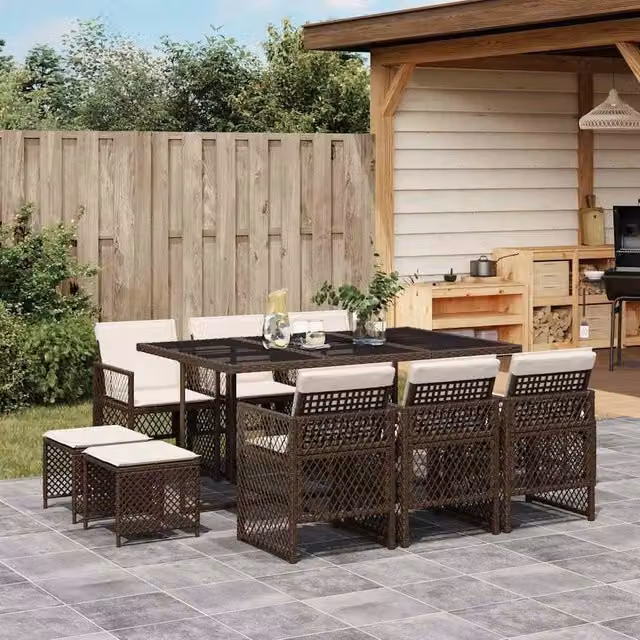 Berkfield Home 11 Piece Brown Poly Rattan Garden Dining Set with Cushions – 1