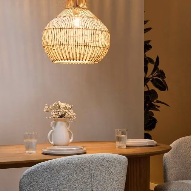 Wyld and Coco Dimmable Suspended Pendant Lamp with White and Natural Rattan Shade