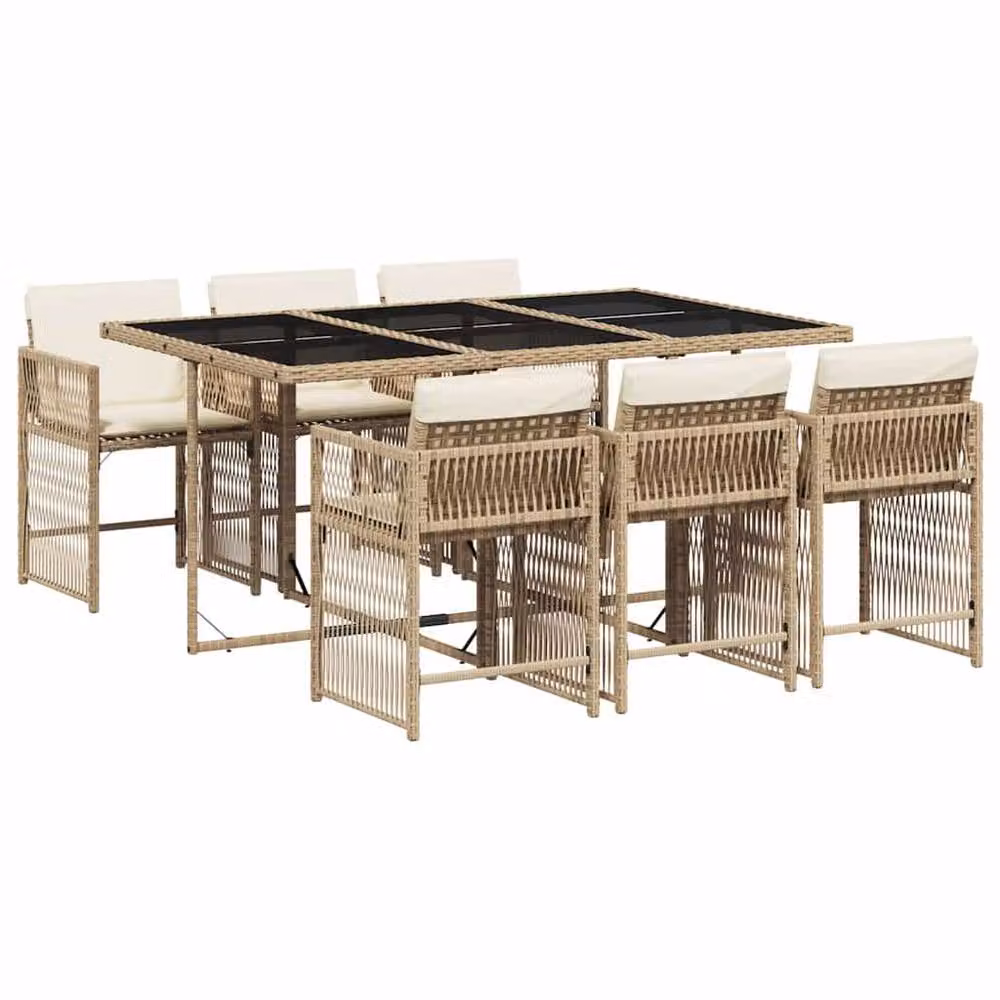 Berkfield Home 7 Piece Poly Rattan Garden Dining Set with Beige Cushions and Glass Tabletop – 2