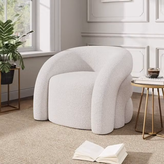 Livingandhome White Bouclé Upholstered Curved Tub Accent Chair with Armrests