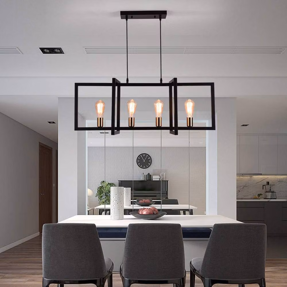 NIVOR Industrial Rectangular Kitchen Island Chandelier, Black Metal 4 x E27 Hanging Pendant Light – 3