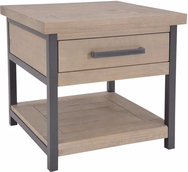 FWStyle Driftwood Lacquered Solid Reclaimed Pine 1 Drawer Side Table in Brown