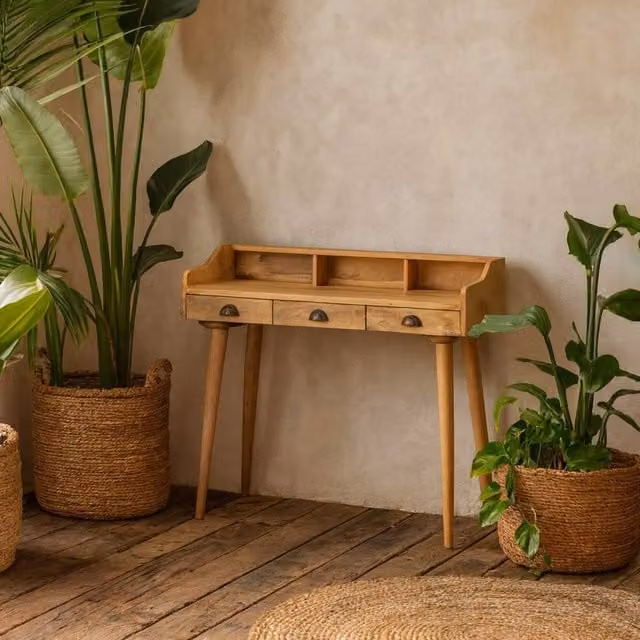 Wyld Haus Taormina Retro Mango Wood Writing Desk with 3 Drawers and Gallery Back, Brown, W/D/H: 100 x 45 x 76 cm